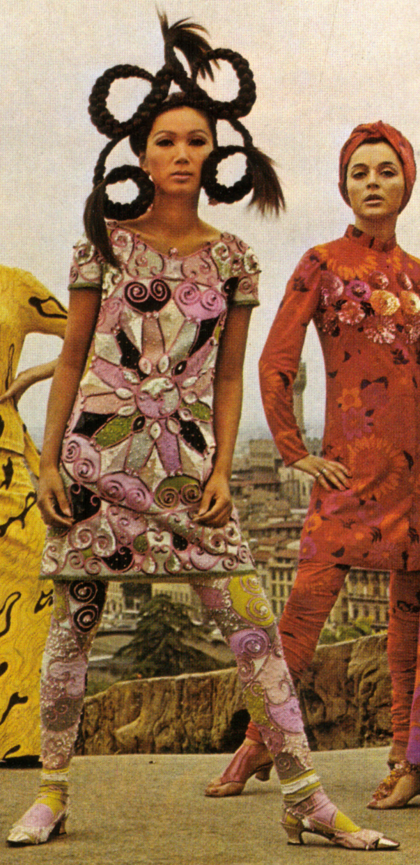 Model in an Emilio Pucci ensemble at a Florence show, 1966.